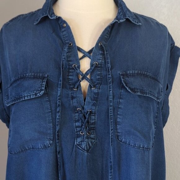 Jessica Simpson 1X Isabelle Shirt Dark Blue Lace Up Pockets Short Sleeves - Picture 4 of 8